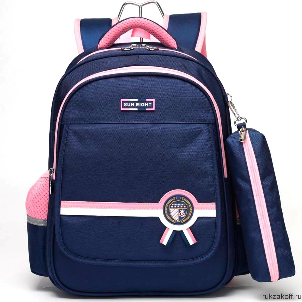 Рюкзак школьный в комплекте с пеналом Sun eight SE-2876 темно-синий/розовый