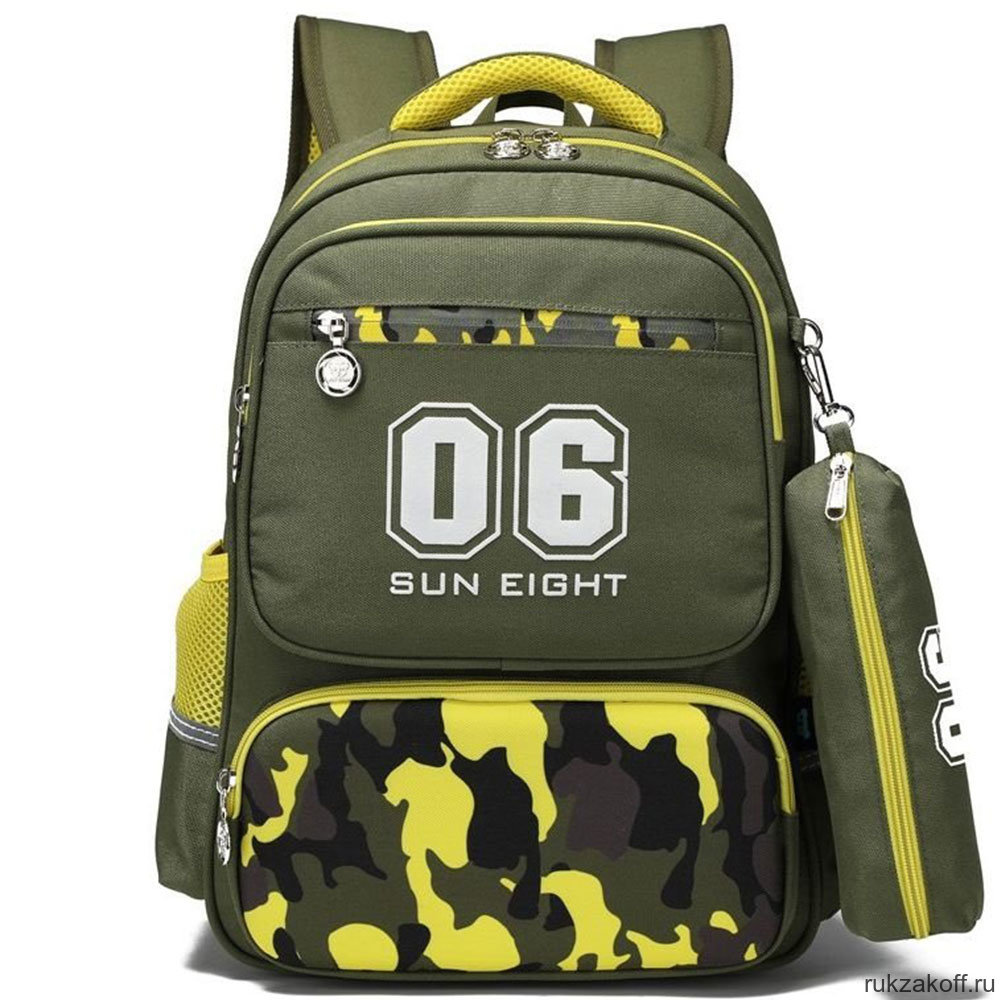 Рюкзак школьный в комплекте с пеналом Sun eight SE-2757 Тёмно-зелёный/Жёлтый